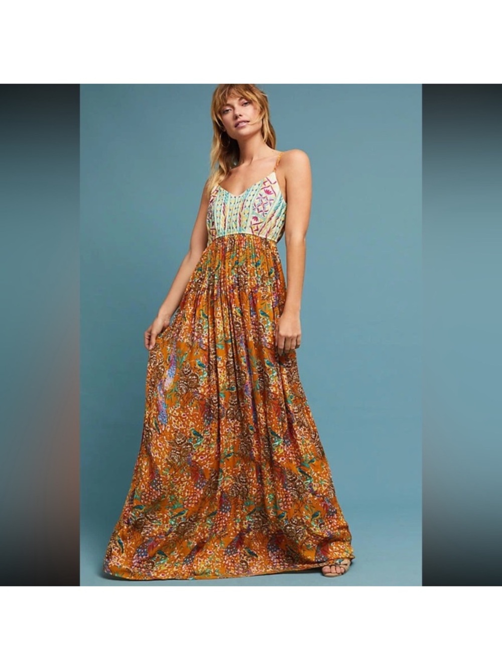 Anthropologie RAGA Mustard Floral Maxi Dress Embroidered
